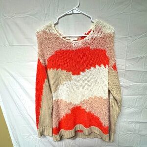 TWO by Vince Camuto Mixed Yarn Intarsia Sweater Ivory Coral Tan-Size L